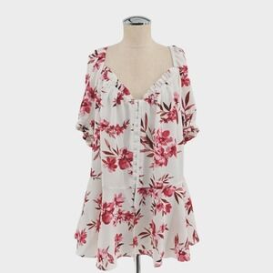 CITY CHIC Womens Top Size XL/22 Ivory Soft Blooms White Red Floral Peplum Ruffle